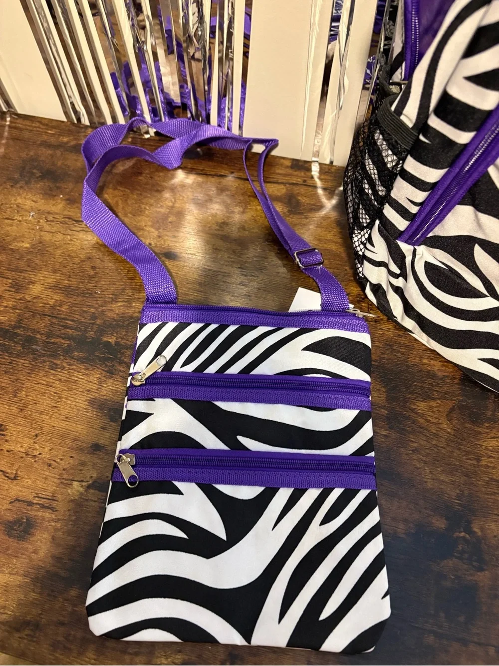 Zebra Print Full-Size Backpack & Crossbody Set with Purple Trim